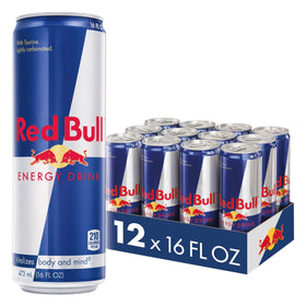 Red Bull energy drink can front view boosts alertness on demand