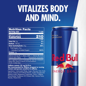 Red Bull energy drink can ice-cold into a glass