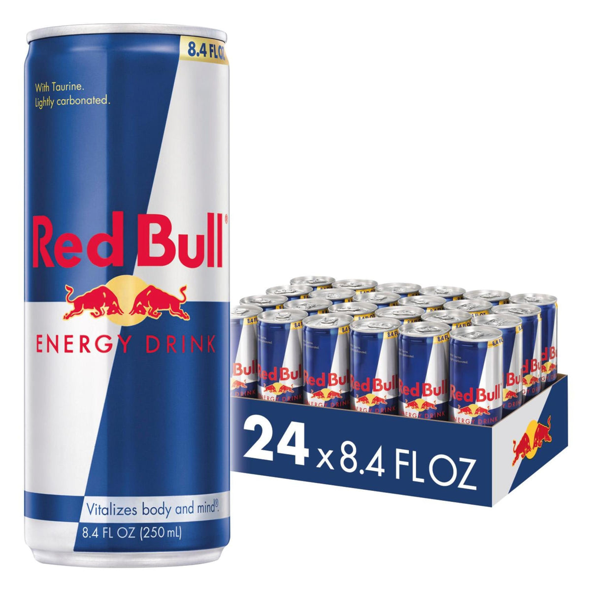 Red Bull energy drink can label closeup highlighting caffeine and vitamins for alertness