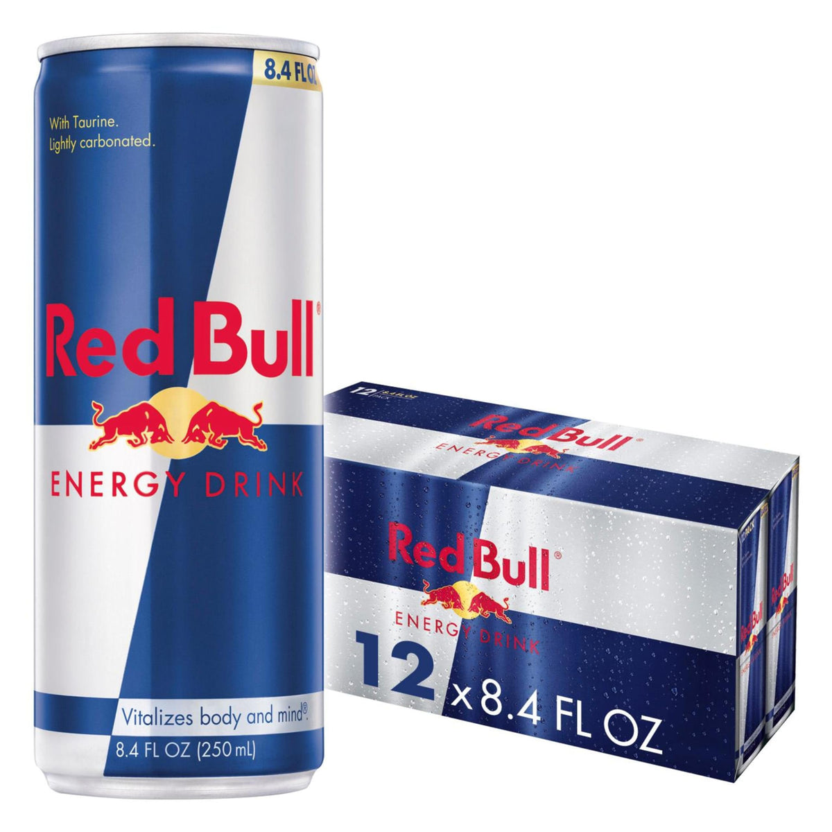 Red Bull energy drink twelve-pack cans shown from the front for on-the-go energy