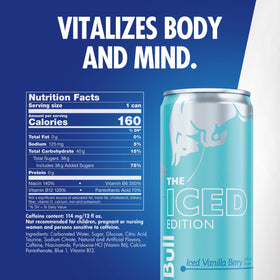 Red Bull Iced Vanilla Berry back label showing caffeine and vitamins.