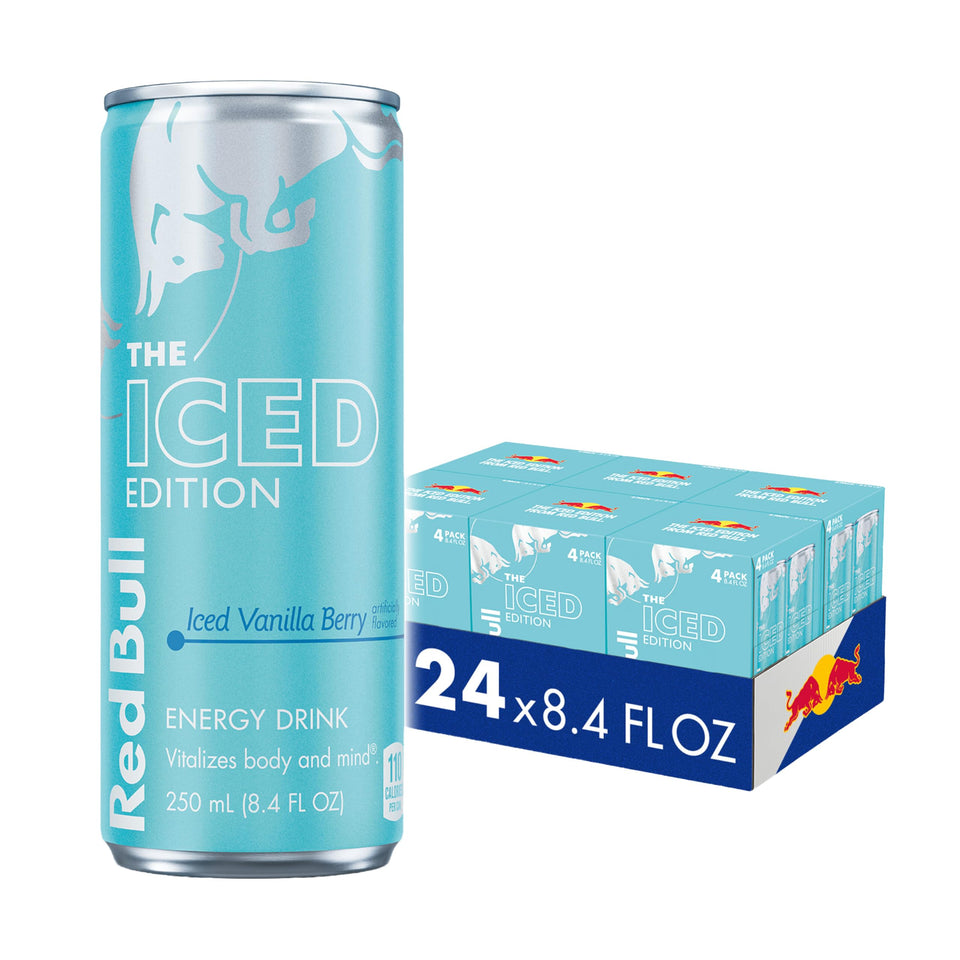 Red Bull Iced Vanilla Berry can close-up showing blueberry-vanilla flavor for a refreshing lift