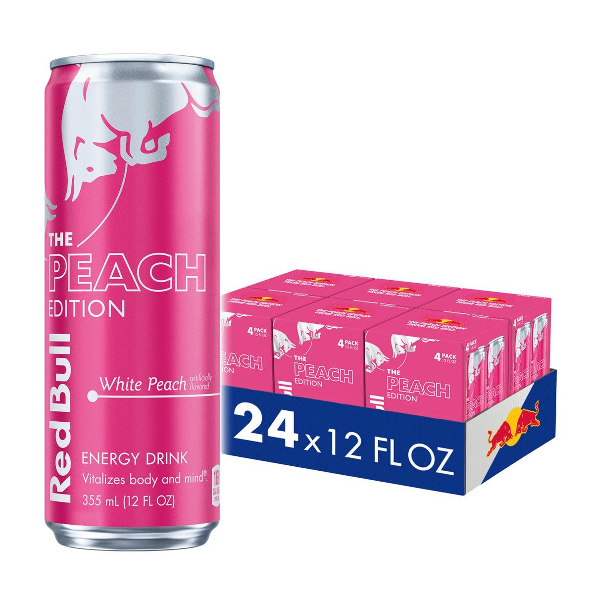 Red Bull Peach Edition can close-up highlighting White Peach flavor for study sessions