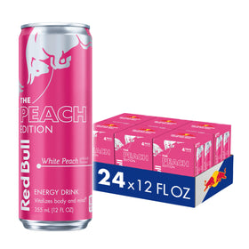 Red Bull Peach Edition can close-up highlighting White Peach flavor for study sessions