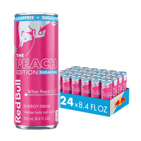 Red Bull Peach Edition sugarfree can, icy cold, ready to boost focus during workouts.
