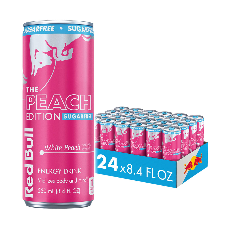 Red Bull Peach Edition sugarfree can, icy cold, ready to boost focus during workouts.