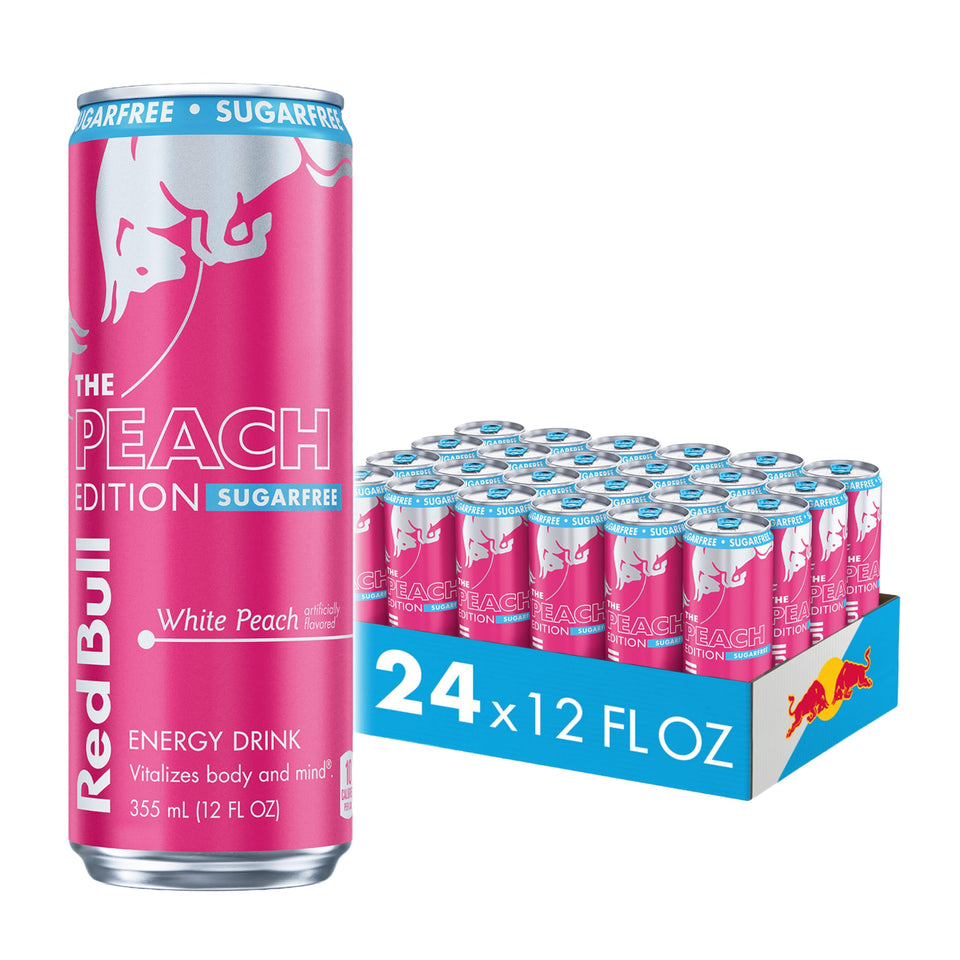 Red Bull Peach Edition Sugarfree can front view, quick energy lift during workouts.