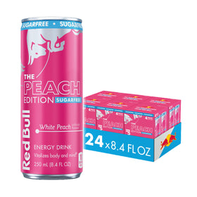 Red Bull Peach Edition Sugarfree can front view boosts focus for on-the-go energy.