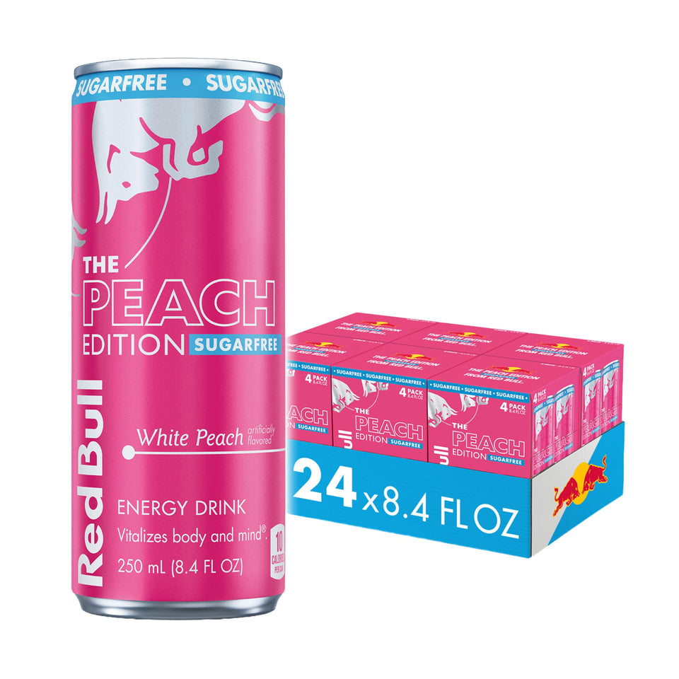 Red Bull Peach Edition Sugarfree can front view boosts focus for on-the-go energy.