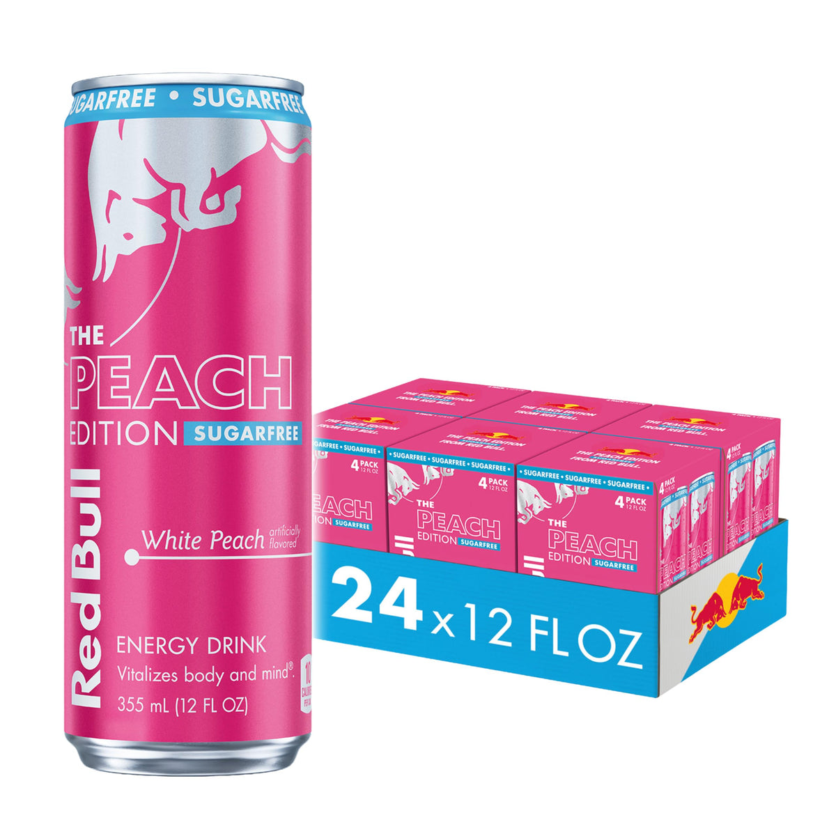 Red Bull Peach Edition Sugarfree can front view highlighting White Peach flavor for on-the-go energy