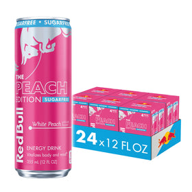 Red Bull Peach Edition Sugarfree can front view highlighting White Peach flavor for on-the-go energy