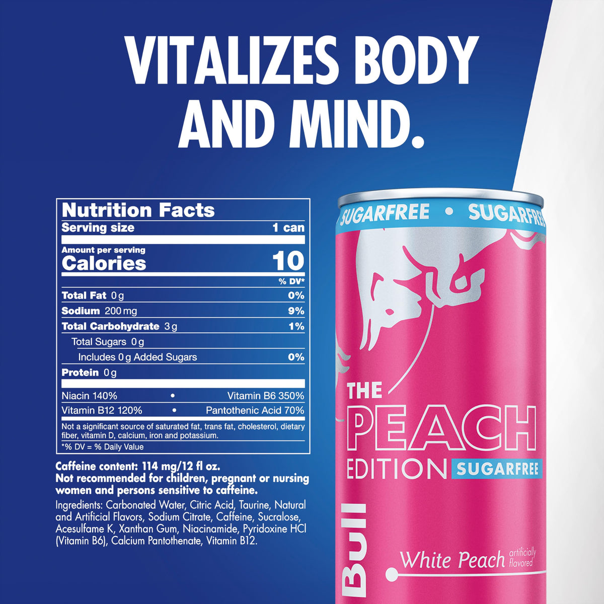 Red Bull Peach Edition Sugarfree can side view, ideal for study sessions and on-the-go energy.