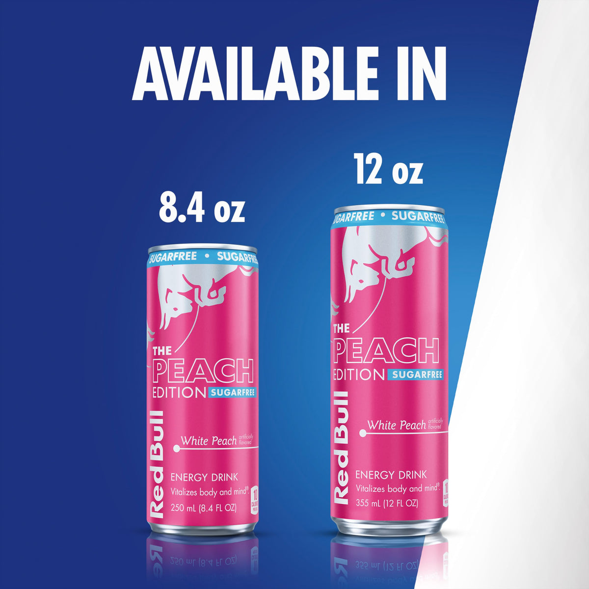 Red Bull Peach Edition Sugarfree panel highlights caffeine and B vitamins for energy-yielding metabolism.