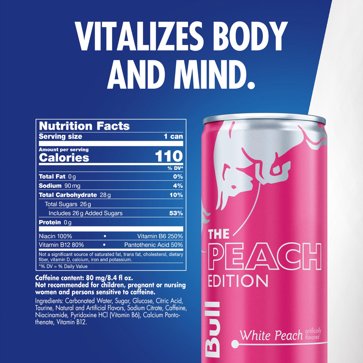 Red Bull Peach Edition white peach can on ice showcasing crisp appearance