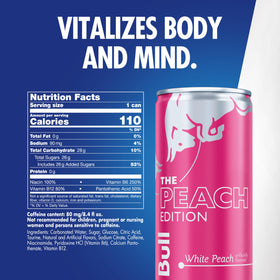 Red Bull Peach Edition white peach can on ice showcasing crisp appearance