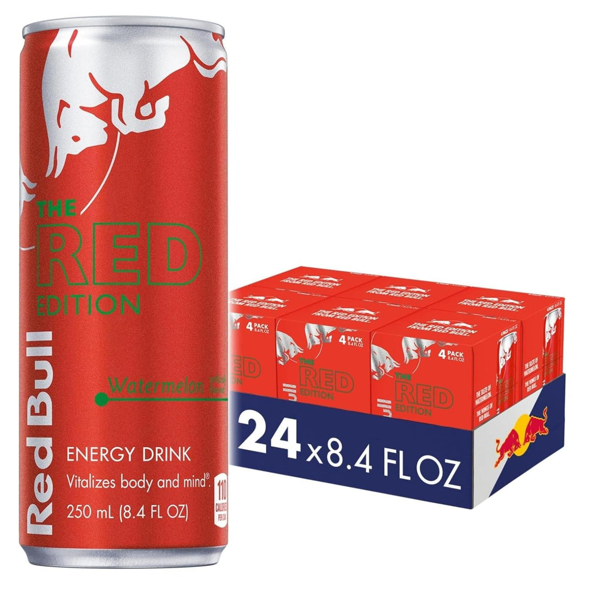 Red Bull Red Edition Watermelon can front view highlighting energy blend for focus