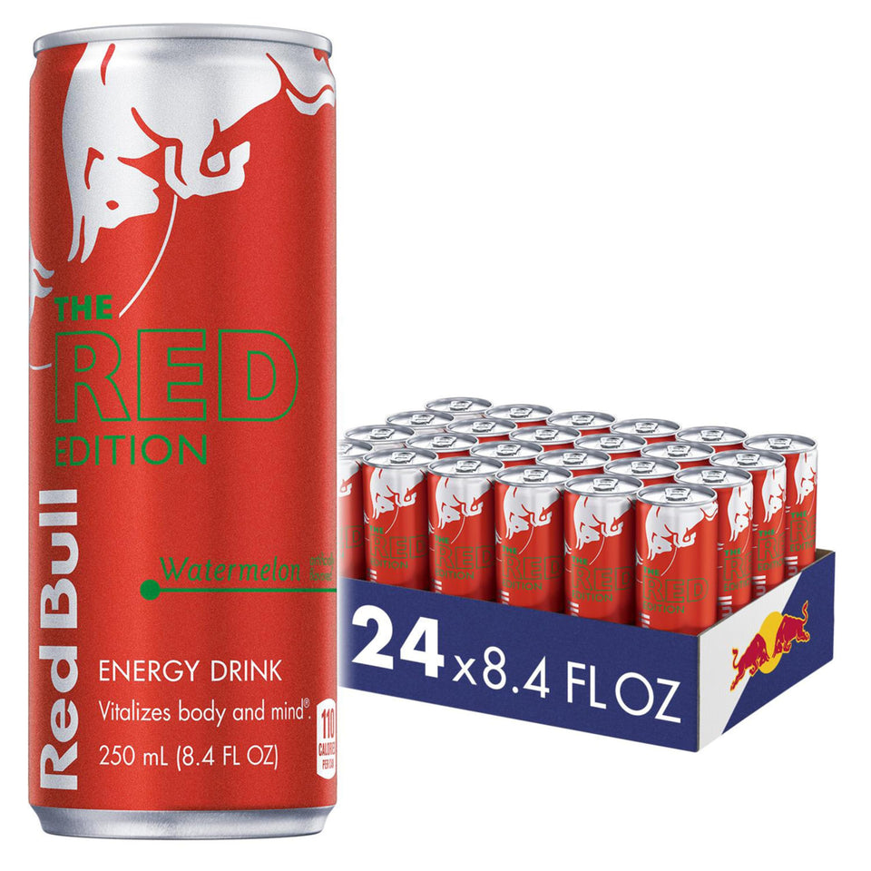 Red Bull Red Edition Watermelon can front view, energizing support for busy days