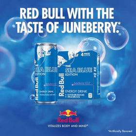 Red Bull Sea Blue Edition can close-up highlighting caffeine and taurine for alertness.