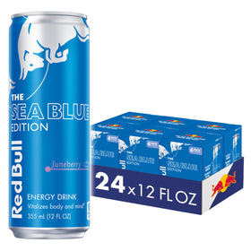 Red Bull Sea Blue Edition can close-up highlighting Juneberry flavor and energy boost potential