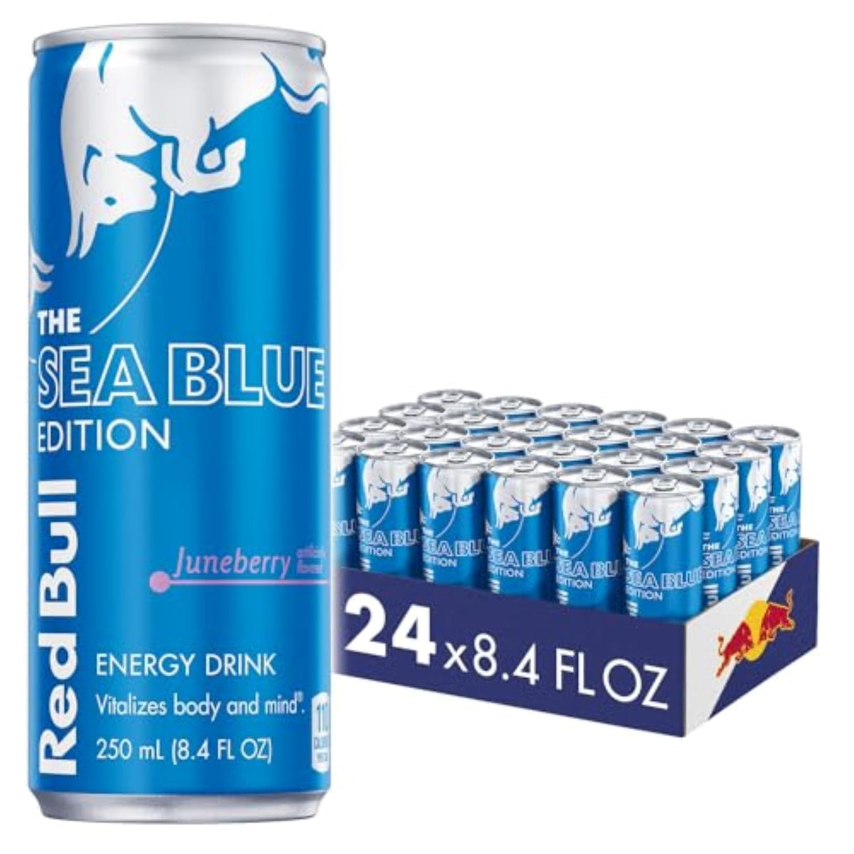 Red Bull Sea Blue Edition can front view, potential energy boost for work or study.