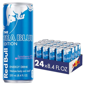 Red Bull Sea Blue Edition can front view, potential energy boost for work or study.