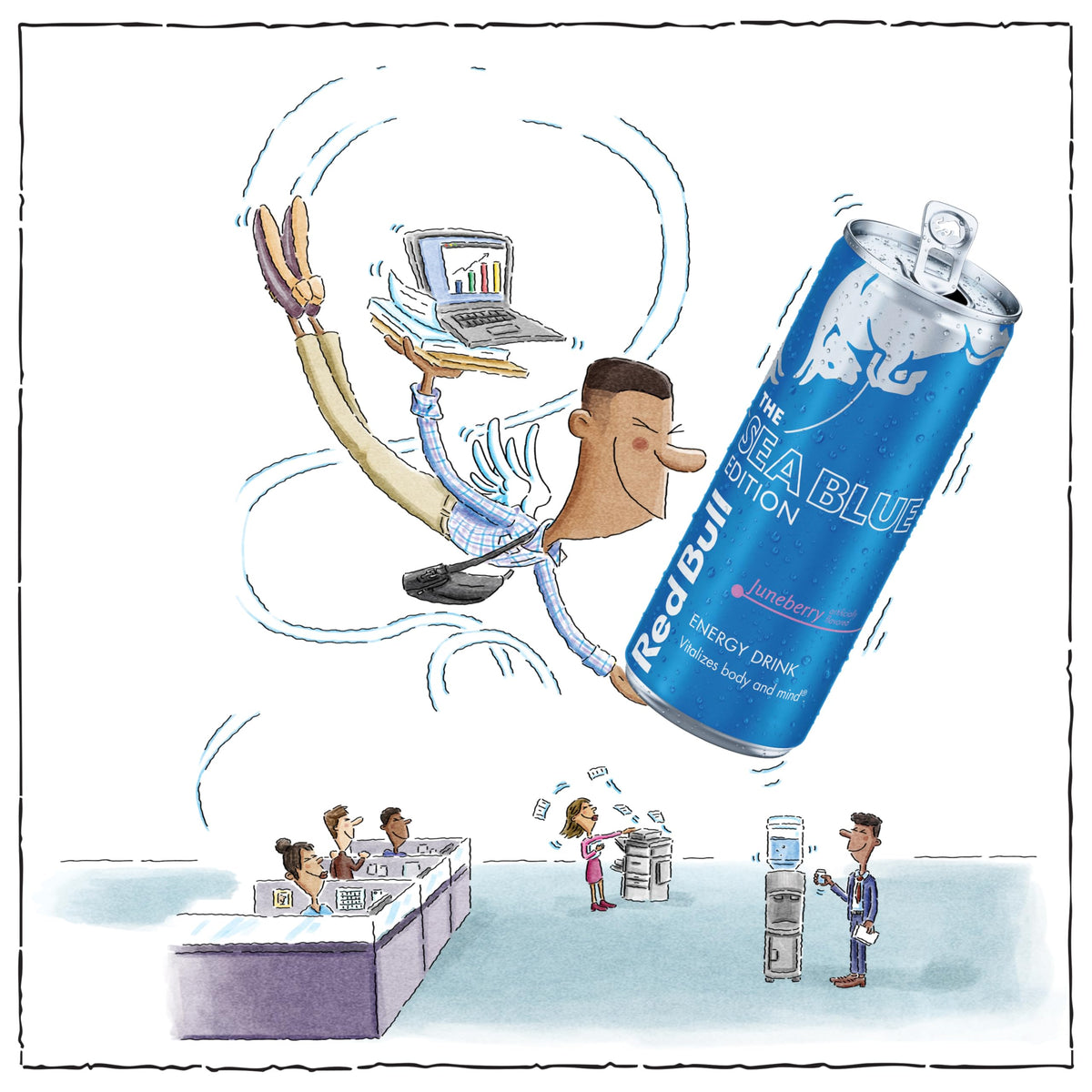 Red Bull Sea Blue Edition can poured into glass showing crisp carbonation and berry aroma