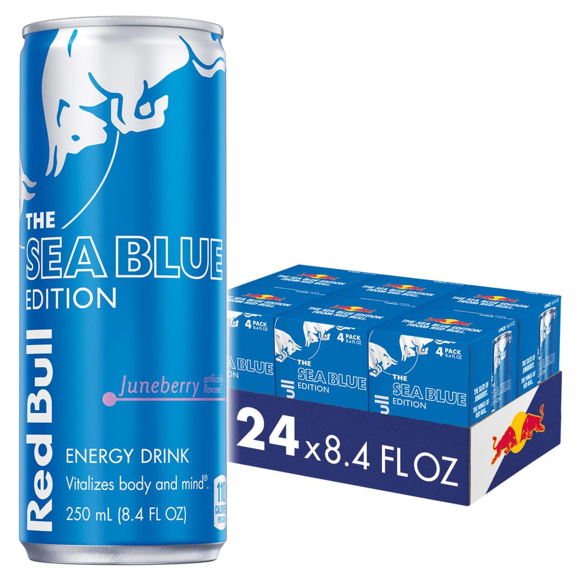 Red Bull Sea Blue Edition Juneberry can front, offering a refreshing energy boost.