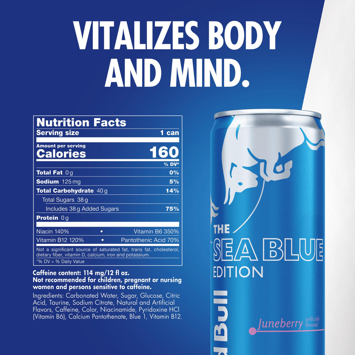 Red Bull Sea Blue Edition label art emphasizes Juneberry flavor and premium energy presentation