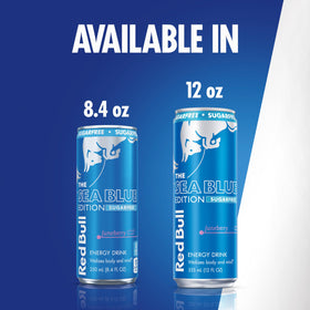 Aluminum can recycling icon beside recyclable Red Bull Sea Blue Edition Sugar Free labeling.