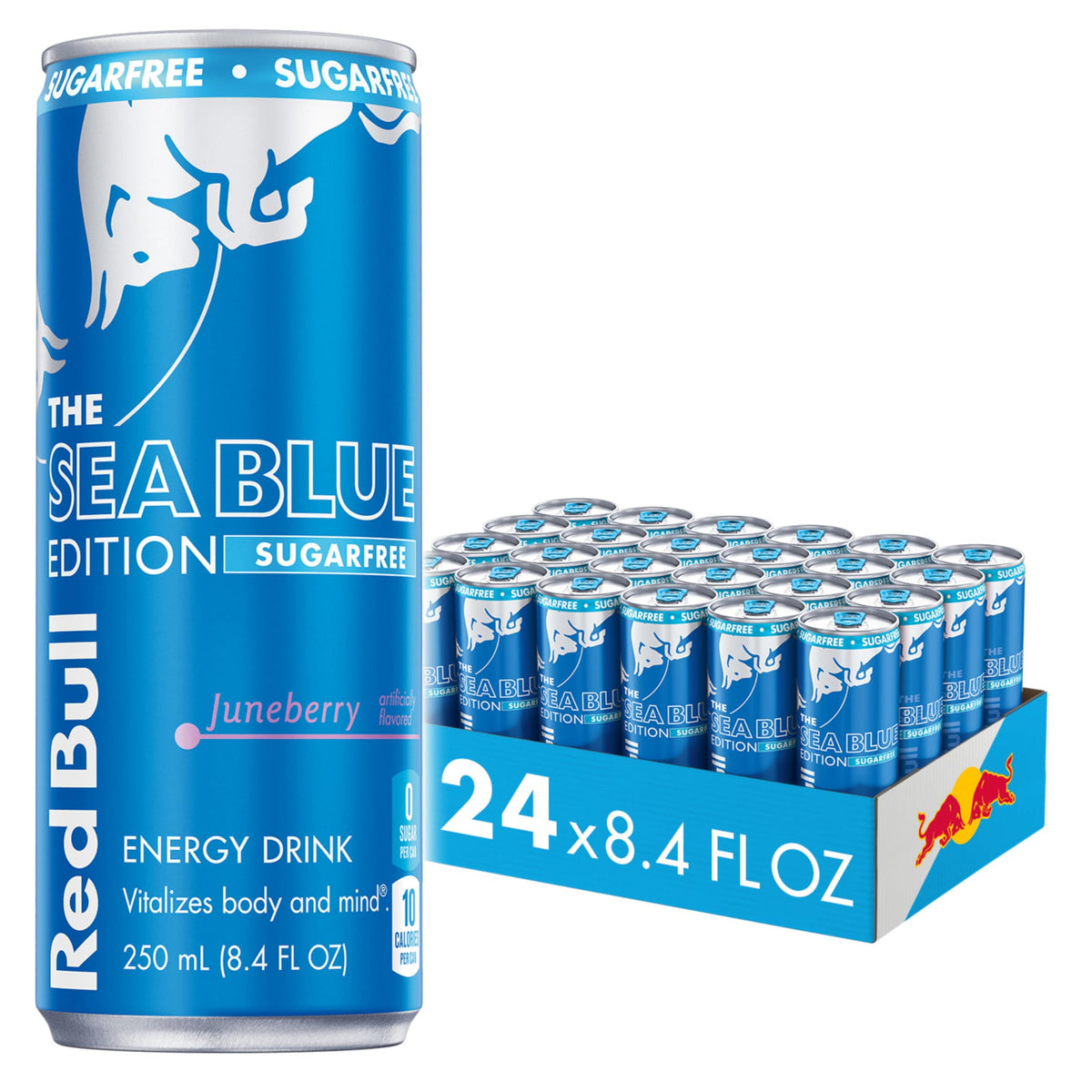 Red Bull Sea Blue Edition Sugar-Free can front view highlighting Juneberry flavor