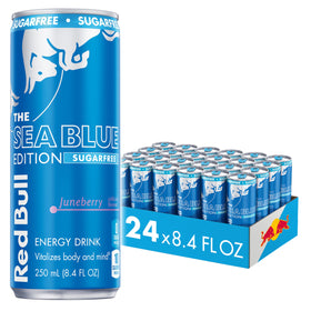 Red Bull Sea Blue Edition Sugar-Free can front view highlighting Juneberry flavor