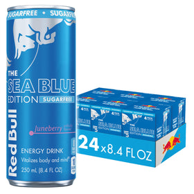Red Bull Sea Blue Edition Sugar Free can close-up highlighting caffeine lift for busy days