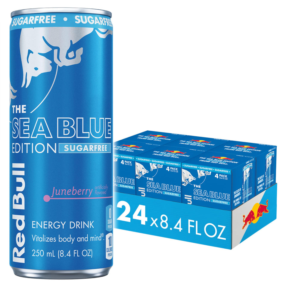 Red Bull Sea Blue Edition Sugar Free can close-up highlighting caffeine lift for busy days