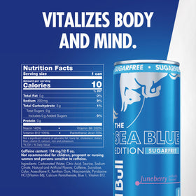 Juneberry splash in a Sea Blue Edition Sugar-Free can showing refreshing flavor
