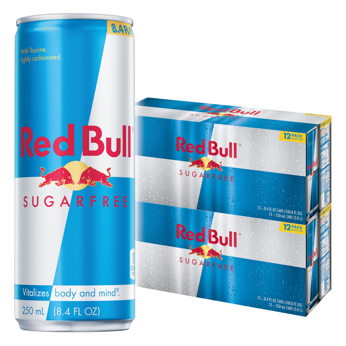 Red Bull Sugar Free 8.4 oz can on shelf for quick energy