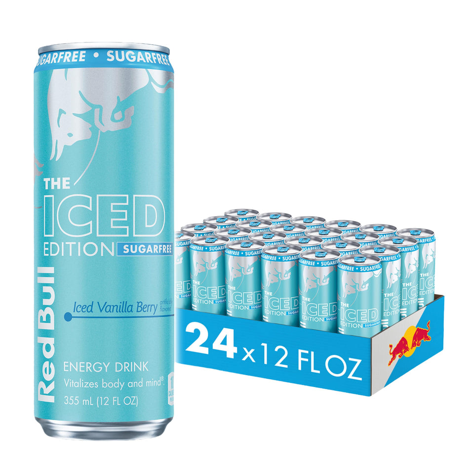 Red Bull Sugar-Free Iced Vanilla Berry can on desk for quick study energy.