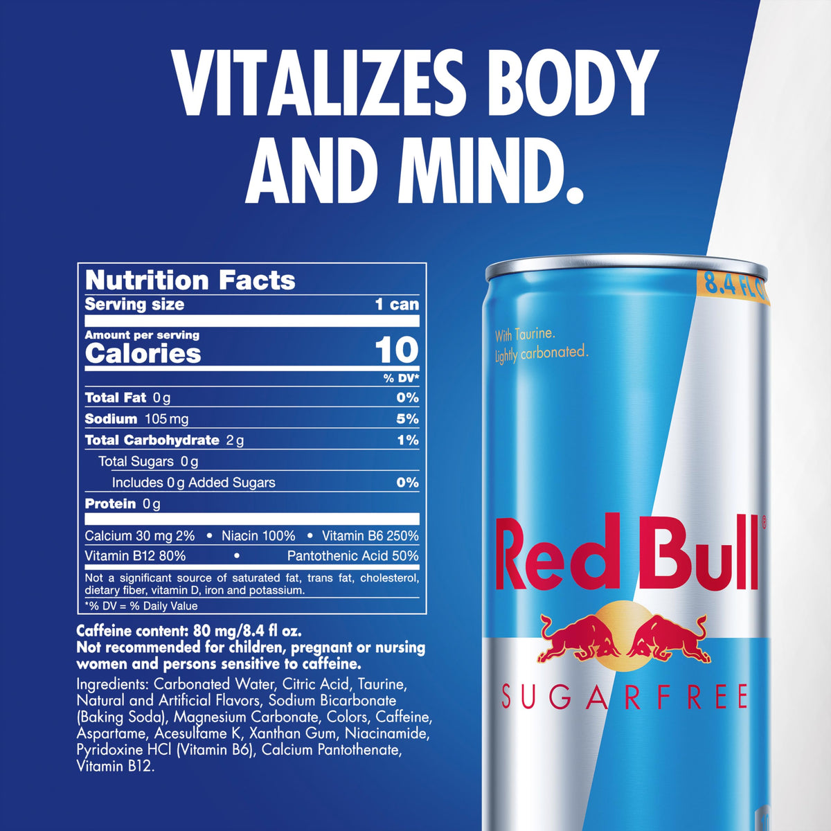 Red Bull Sugar Free label highlights 80 mg caffeine.