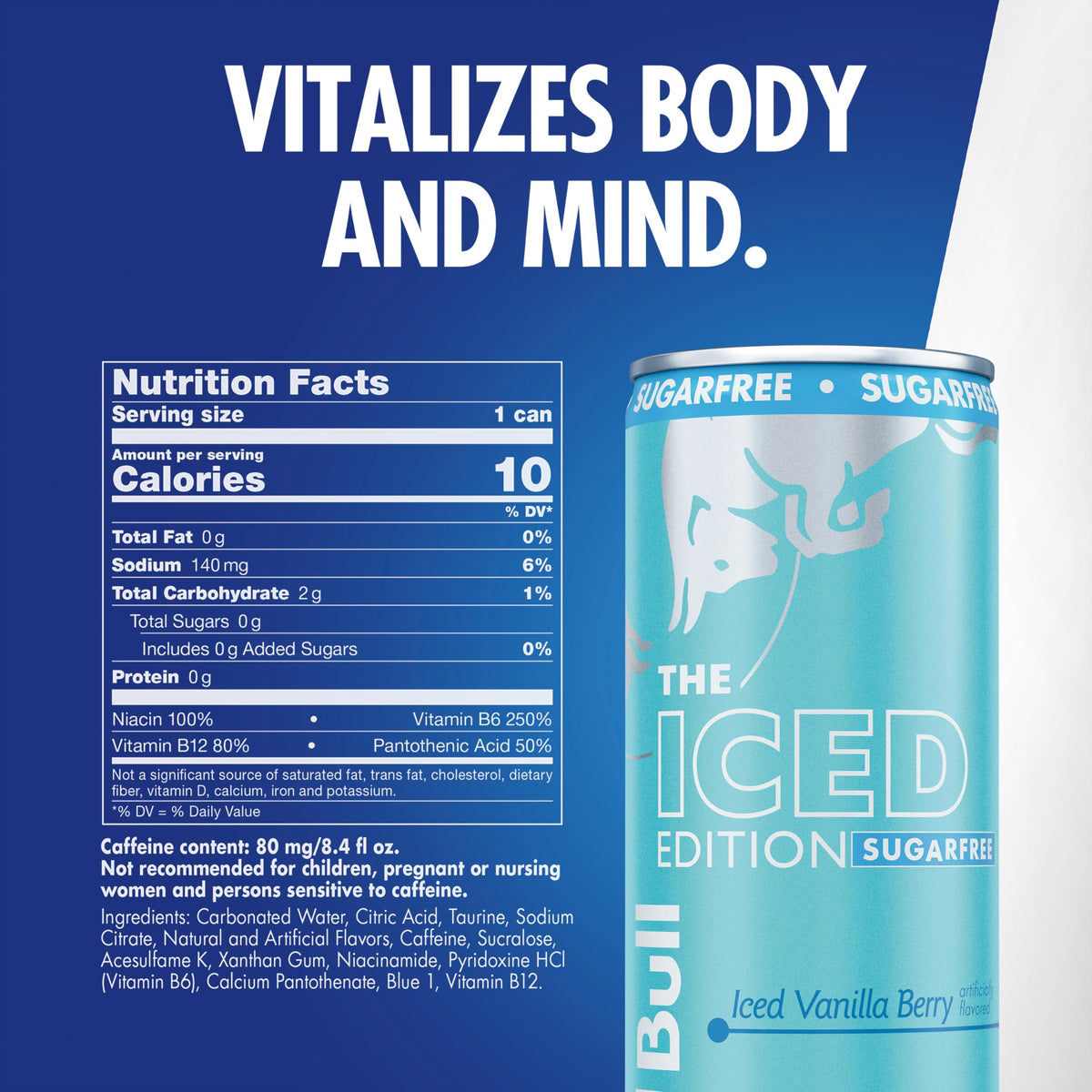 Red Bull Sugar-Free Iced Vanilla Berry ingredients taurine highlighted on label
