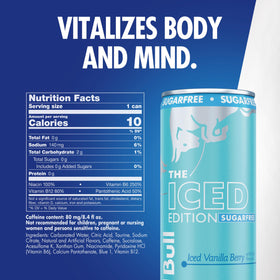 Close-up of Red Bull Sugarfree Iced Vanilla Berry label highlighting caffeine and vitamins