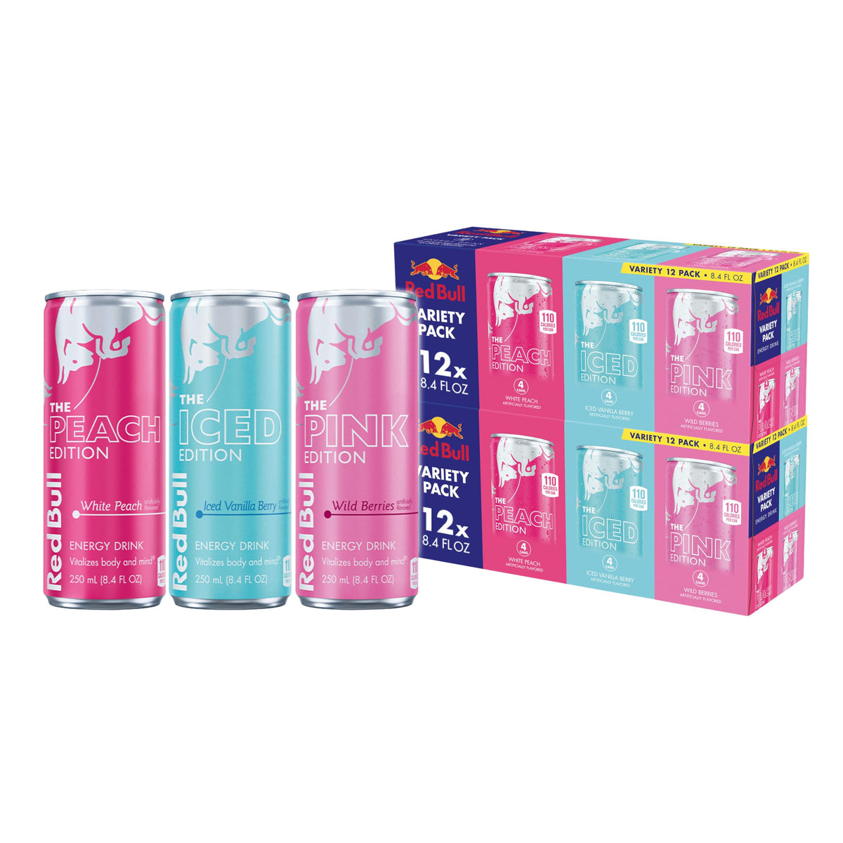 Red Bull Variety Pack display featuring four flavors for versatile energy on the go.