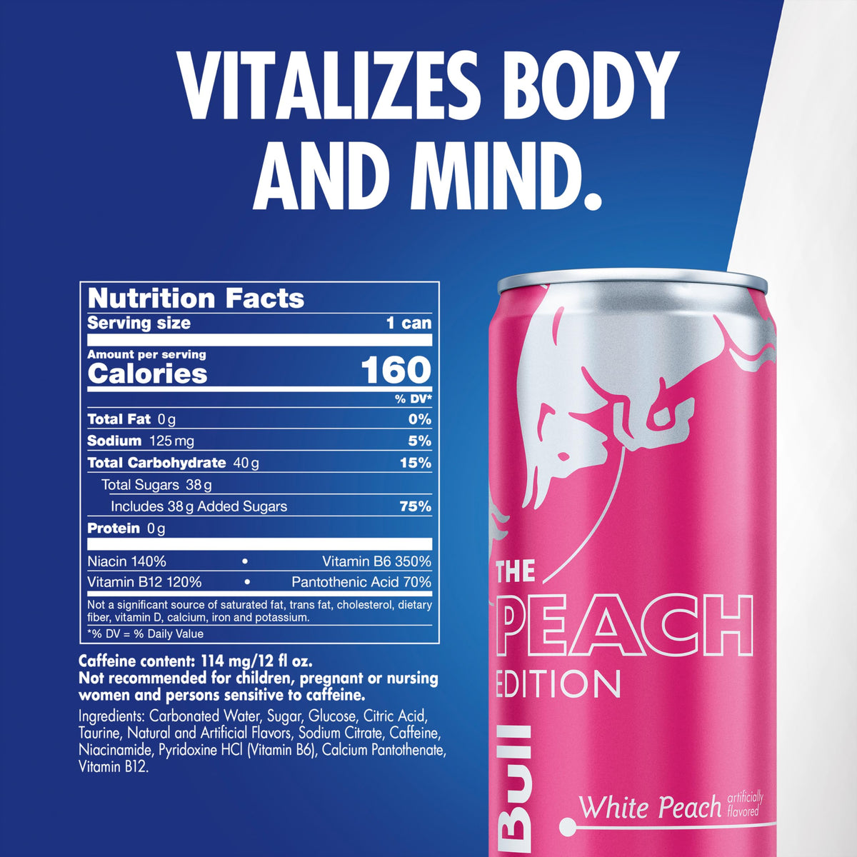 Red Bull White Peach Edition side view shows compact 12 oz can for travel