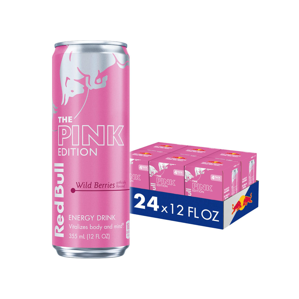 Red Bull Wild Berries Pink Edition can front view energizes workouts and study sessions.