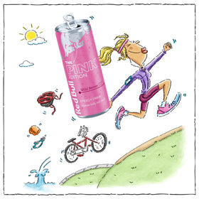 Red Bull Wild Berries Pink Edition label closeup showcasing caffeine and taurine benefits