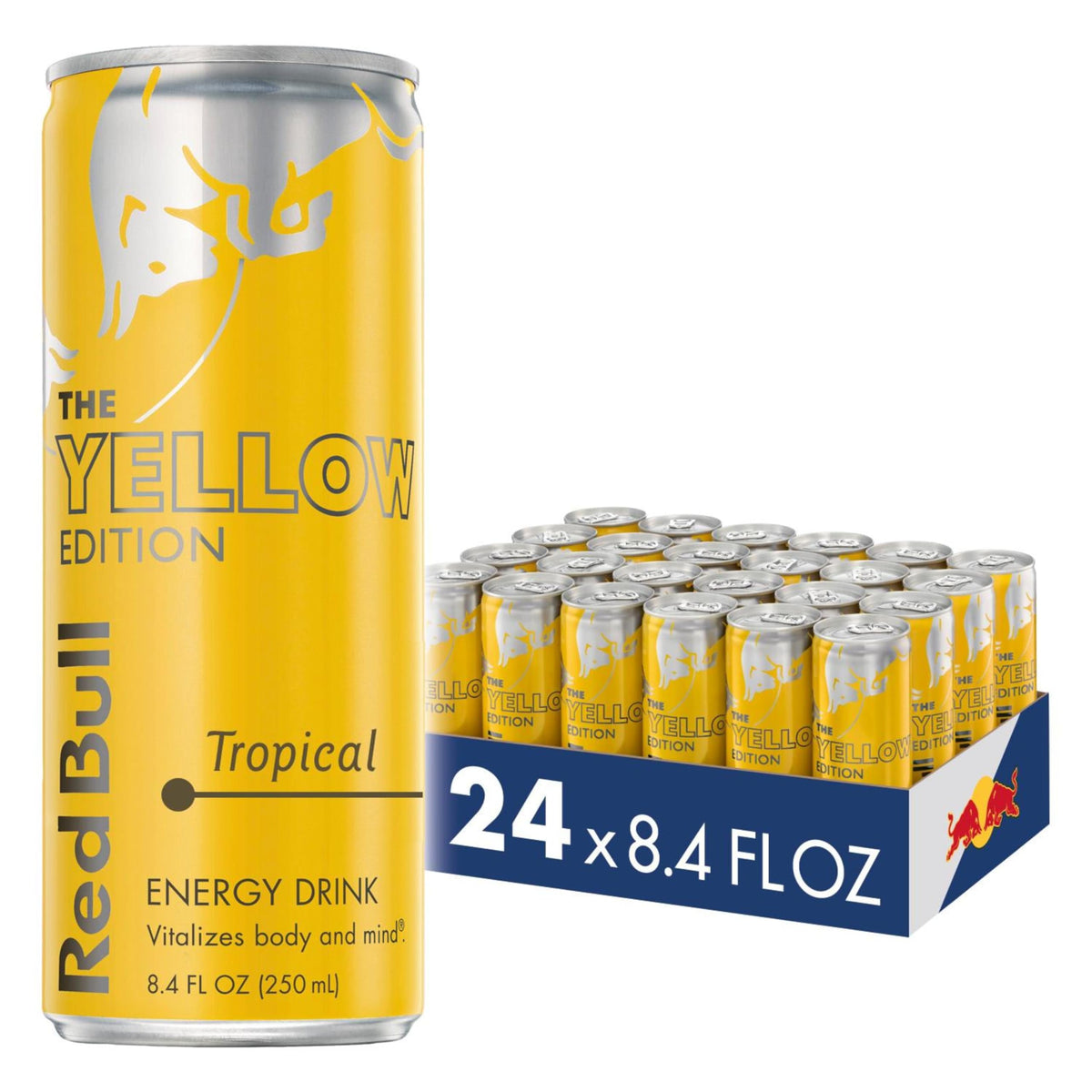 Red Bull Yellow Edition can close-up showing tropical flavor and energy boost