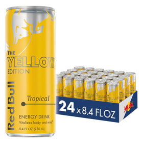 Red Bull Yellow Edition can close-up showing tropical flavor and energy boost