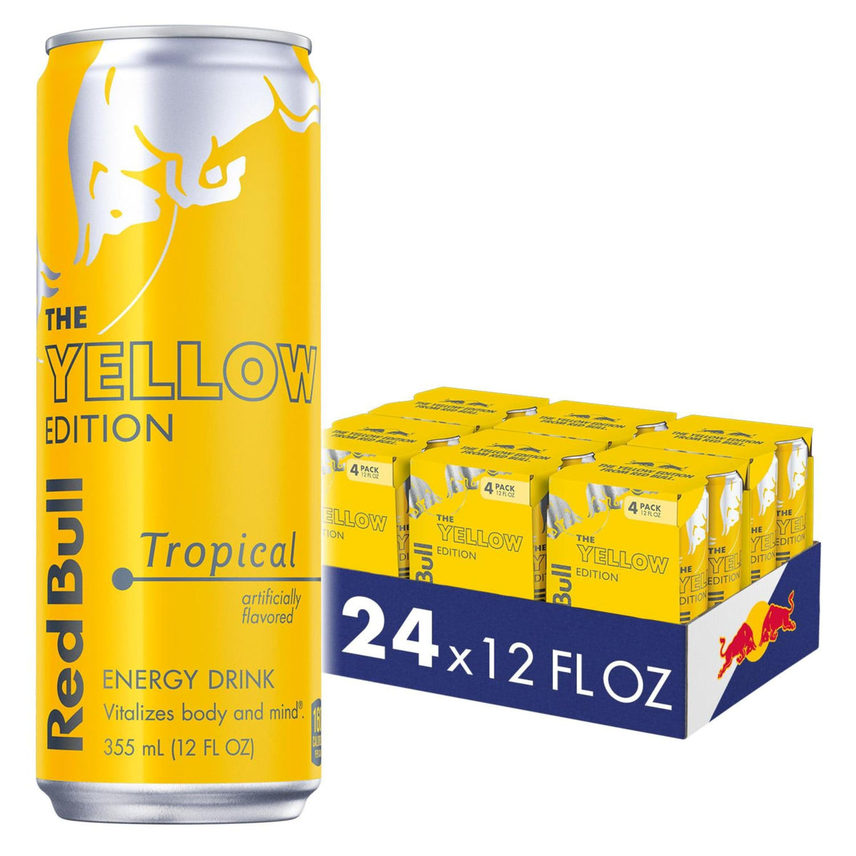 Red Bull Yellow Edition Tropical can in focus, offering a refreshing energy lift.