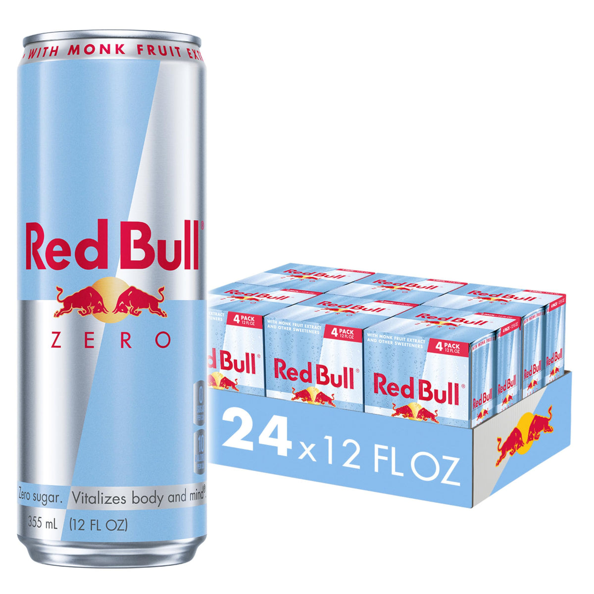 Red Bull Zero energy can front view shows a sugar-free caffeine boost for focus