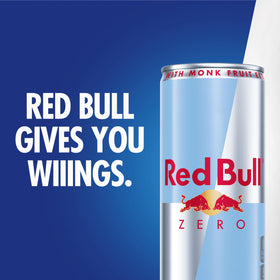 Ice-cold Red Bull Zero can, lightly sparkling and refreshing