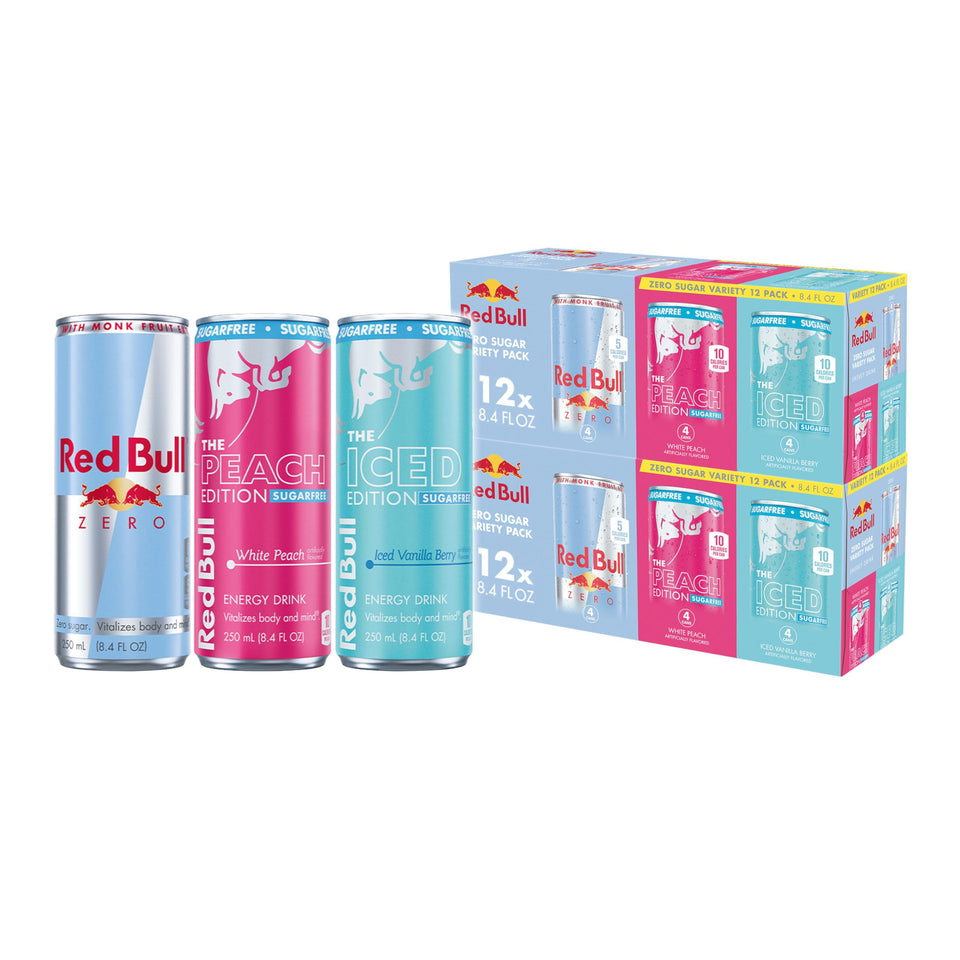Red Bull Zero Sugar can with icy finish for on-the-go energy.