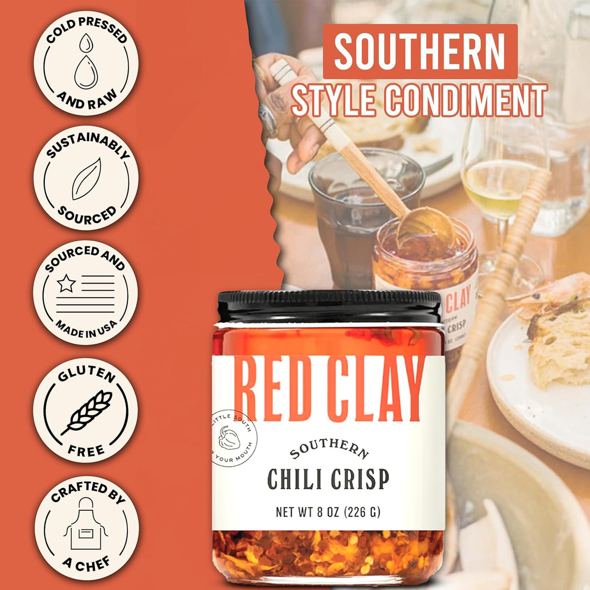 Red Clay Chili Crisp Fresno flakes close-up shows crisp texture